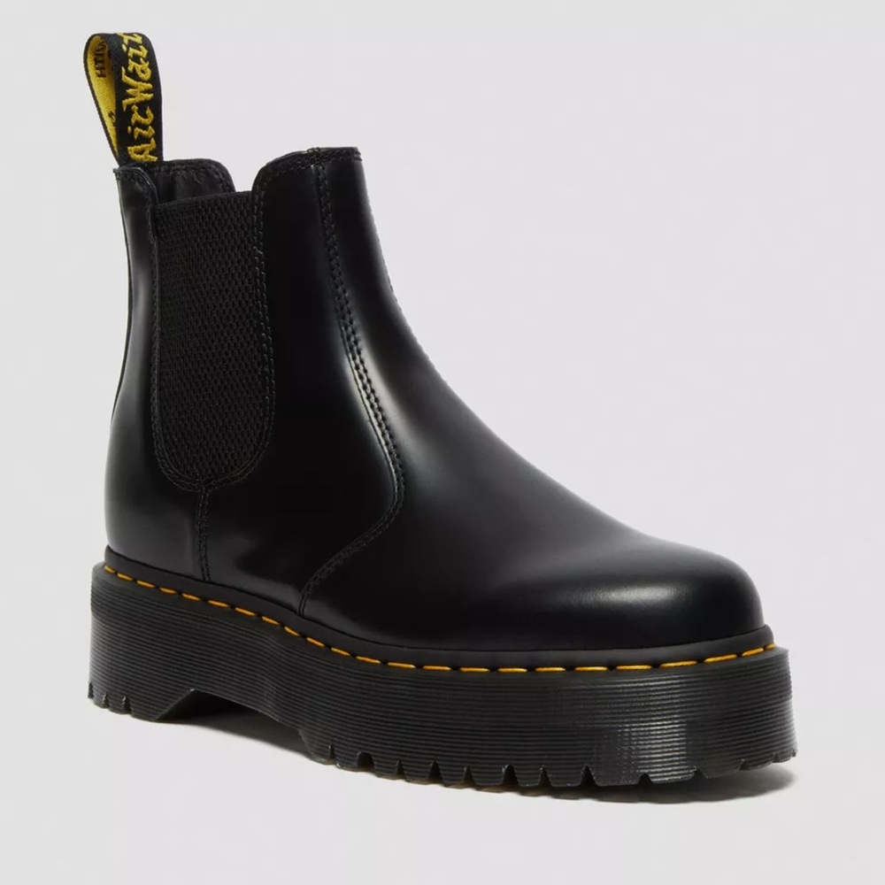 Dr. Martens Black Leather Ankle Boots with Yellow Stitching